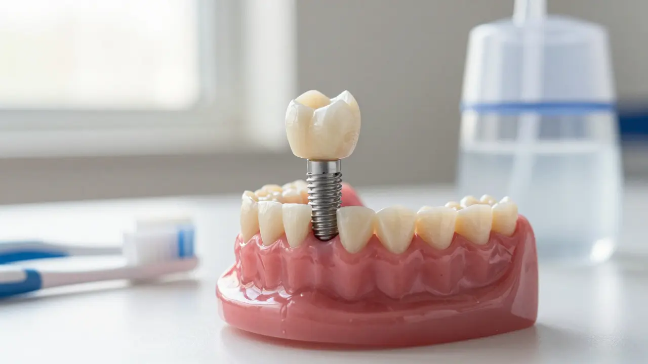 Completed dental implant with ceramic crown surrounded by healthy gums and oral care tools.