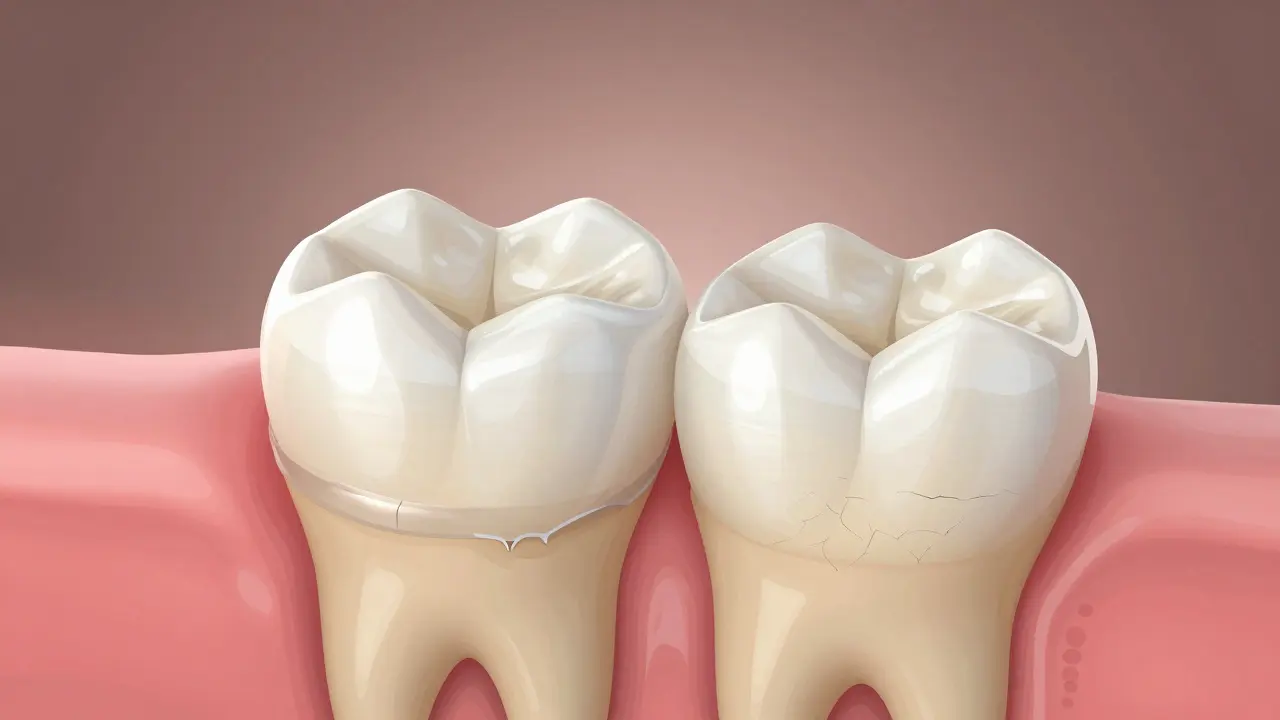 Cross-section of tooth showing ceramic onlay integration with healthy and damaged margins