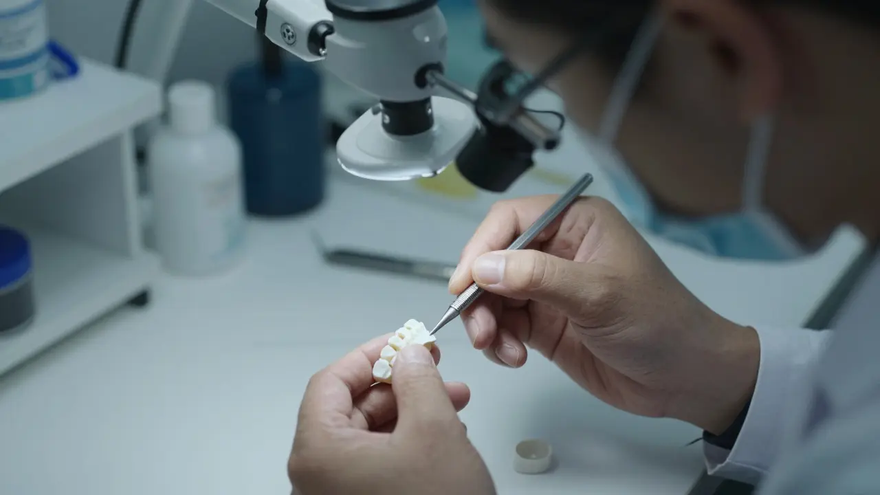 Dentální technik v laboratoři tvaruje keramické fazety s přesnými nástroji.