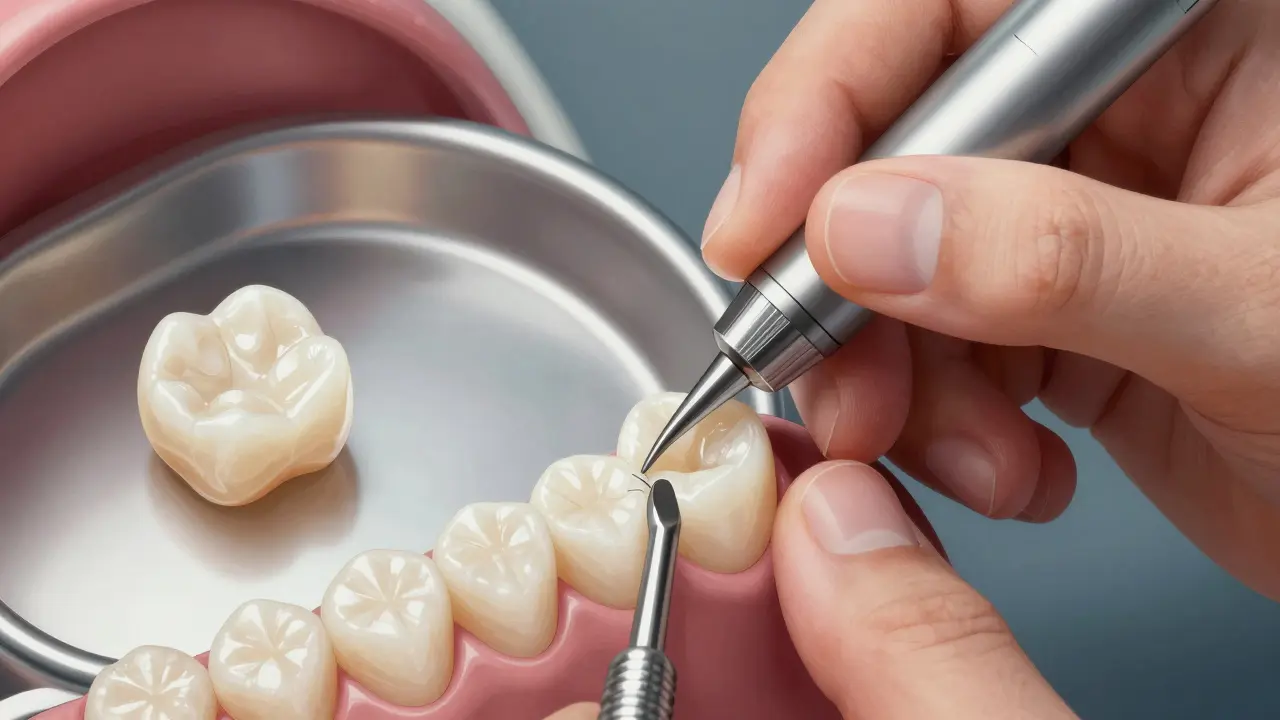 Detaileovaný pohled na odbroušení povrchu zubu před instalací fazety s připravenou keramickou vrstvou.