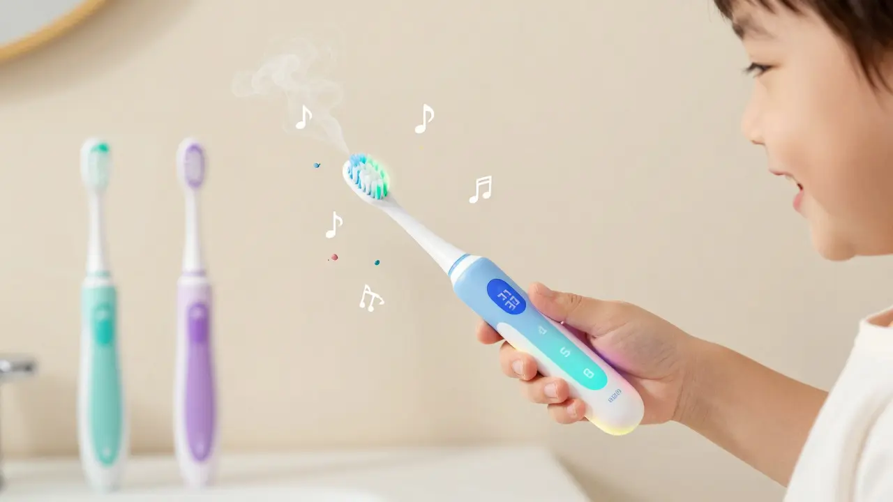 Dítě čistí zuby sonickým kartáčkem s hudebními notami a časovačem, plak se mění v kouř, pastelové barvy a přátelský design.