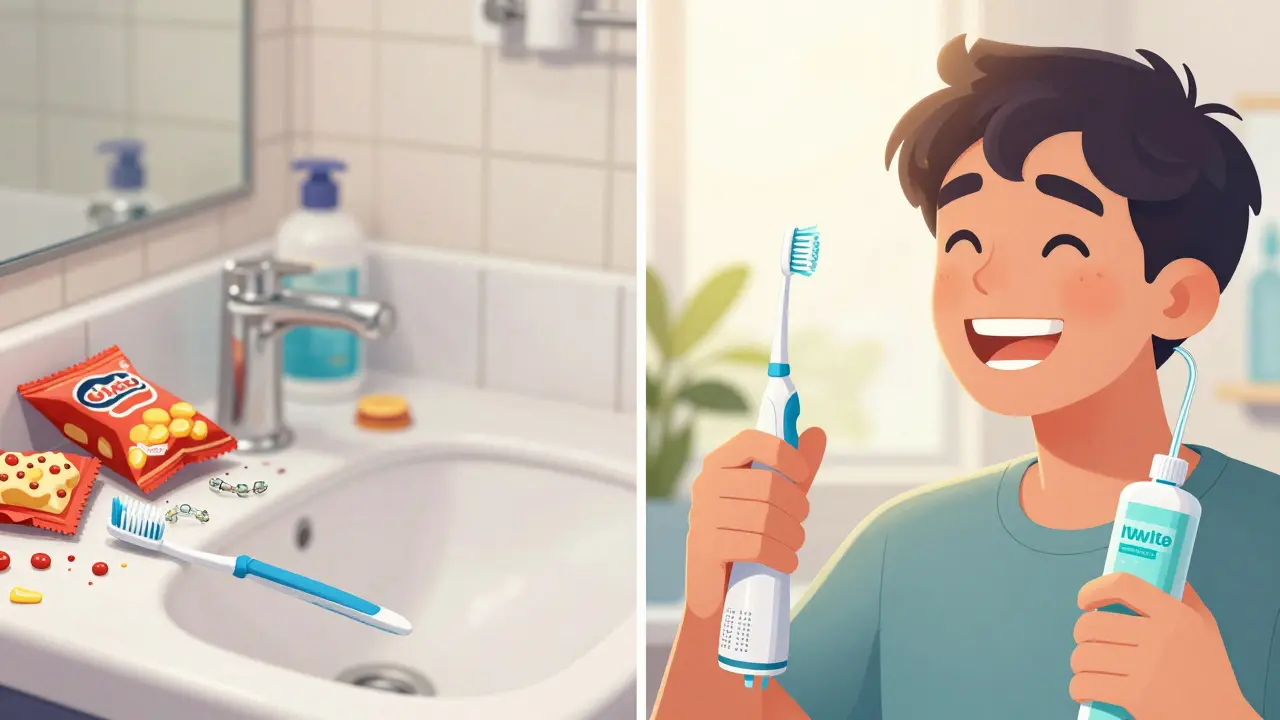 Dvě scény: špatná hygiena vlevo a pečlivá péče o zuby vpravo po rovnátkách.