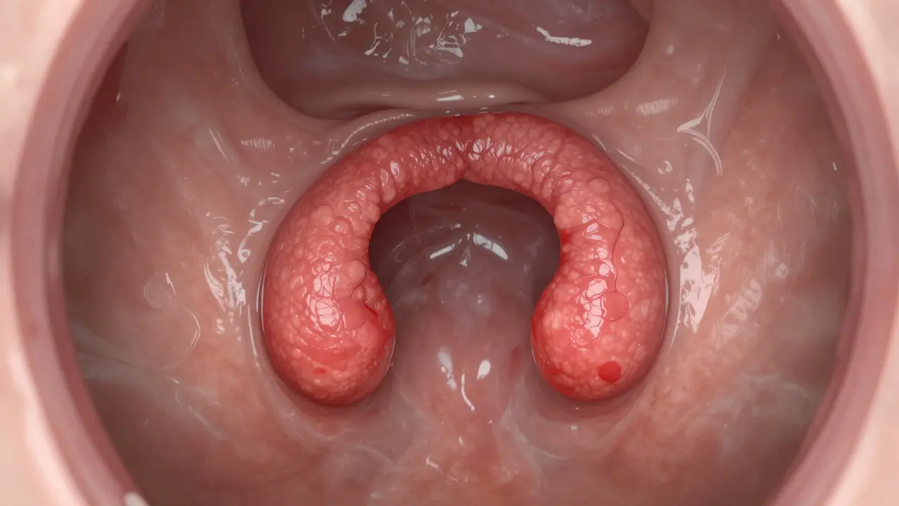 Endoskopický pohled na nepravidelný nádor v nosní dutině.