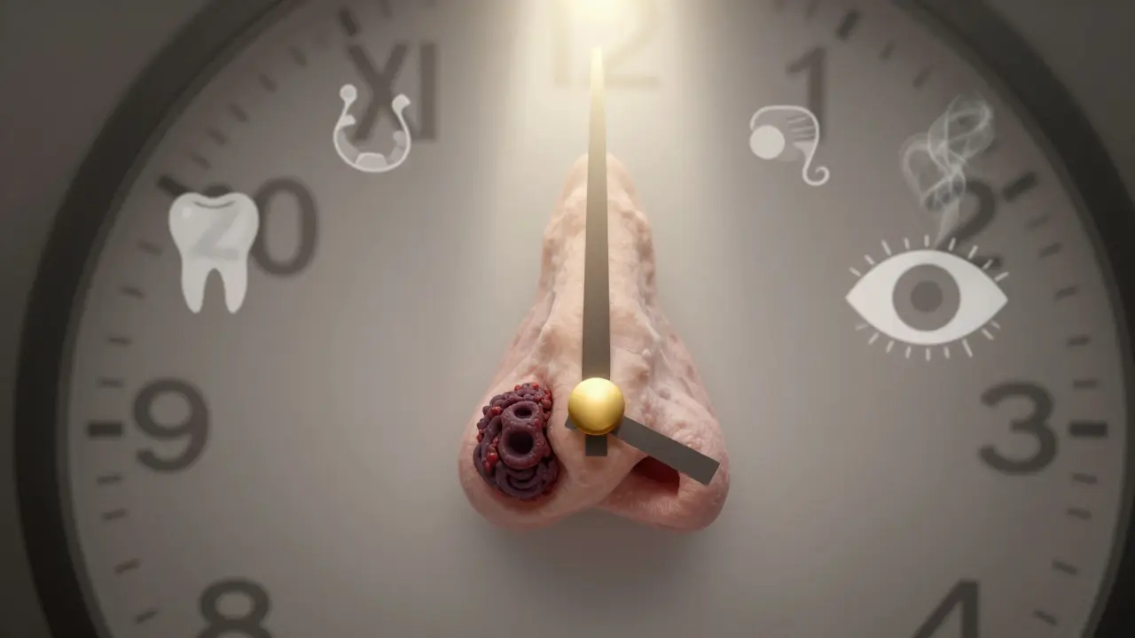 Hodiny s nosními dutinami jako ručičkami, jeden bok zablokovaný nádorem.