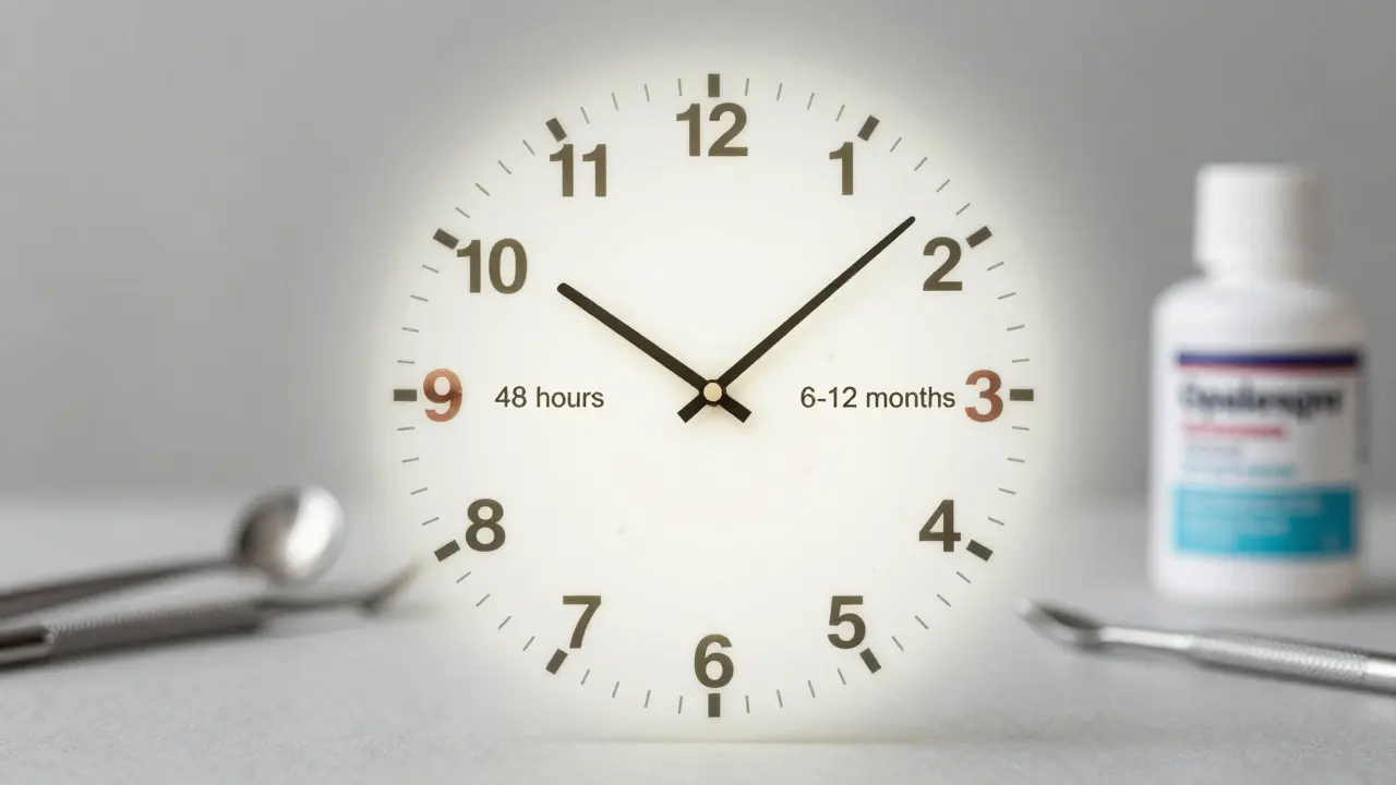 Hodiny vložené do zubu ukazují dobu trvání bělení a faktory, které ho způsobují.