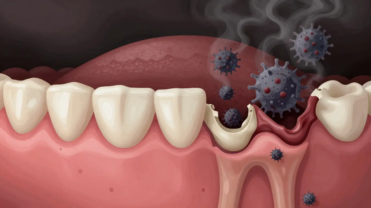 Konceptuální obrázek boje mezi zdravými dásněmi a zubním kamenem