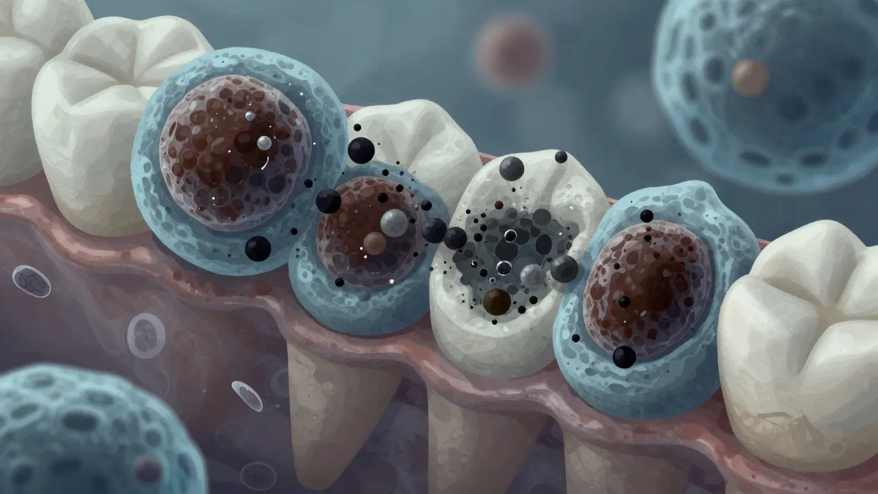 Mikroskopický pohled na bakteriální biofilm s kovovými usazeninami na zubní sklovince.