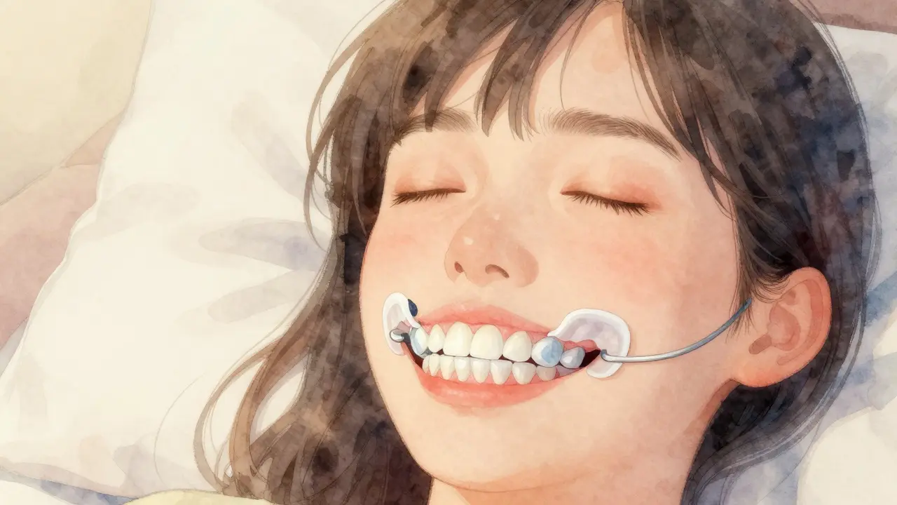 Osoba nosí noční brnění pro prevenci zubního brnění