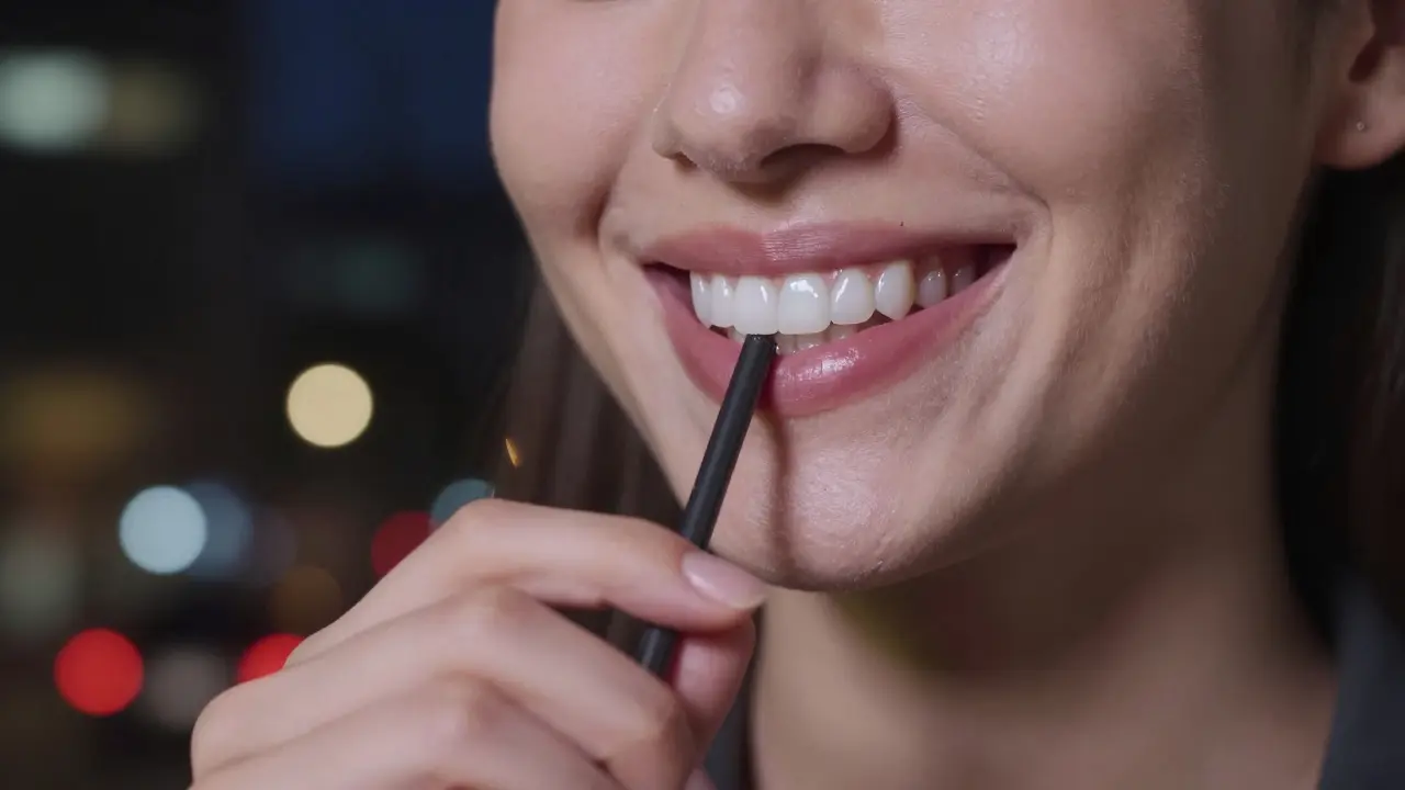 Osoba se šťastným úsměvem pije skrz slámku, když její fazety na zubech září přirozeně pod měkkým osvětlením.