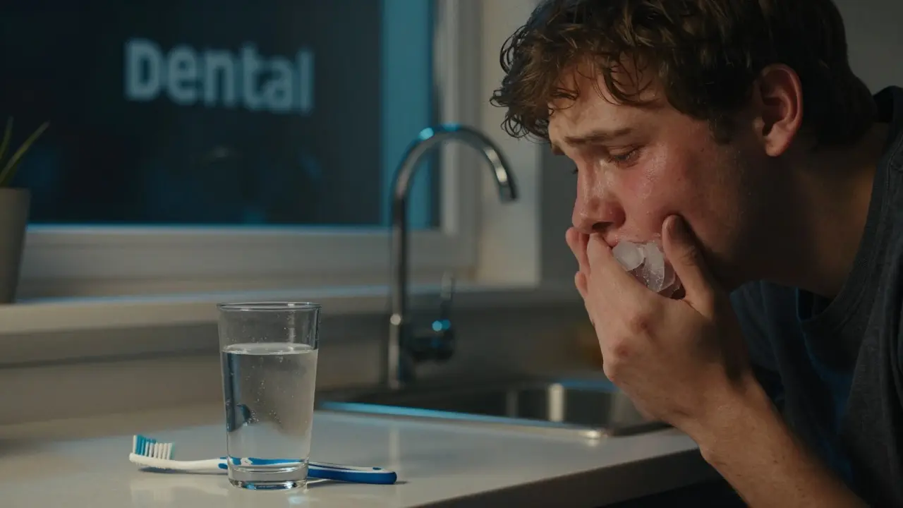 Person applying ice to swollen cheek with saltwater glass nearby.