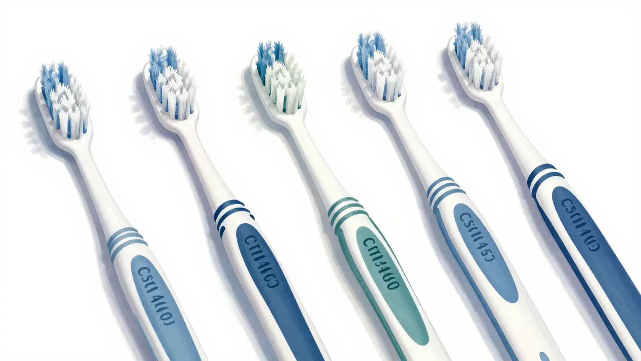 Pět modelů Curaprox kartáčků s detailními štětci na bílém pozadí.