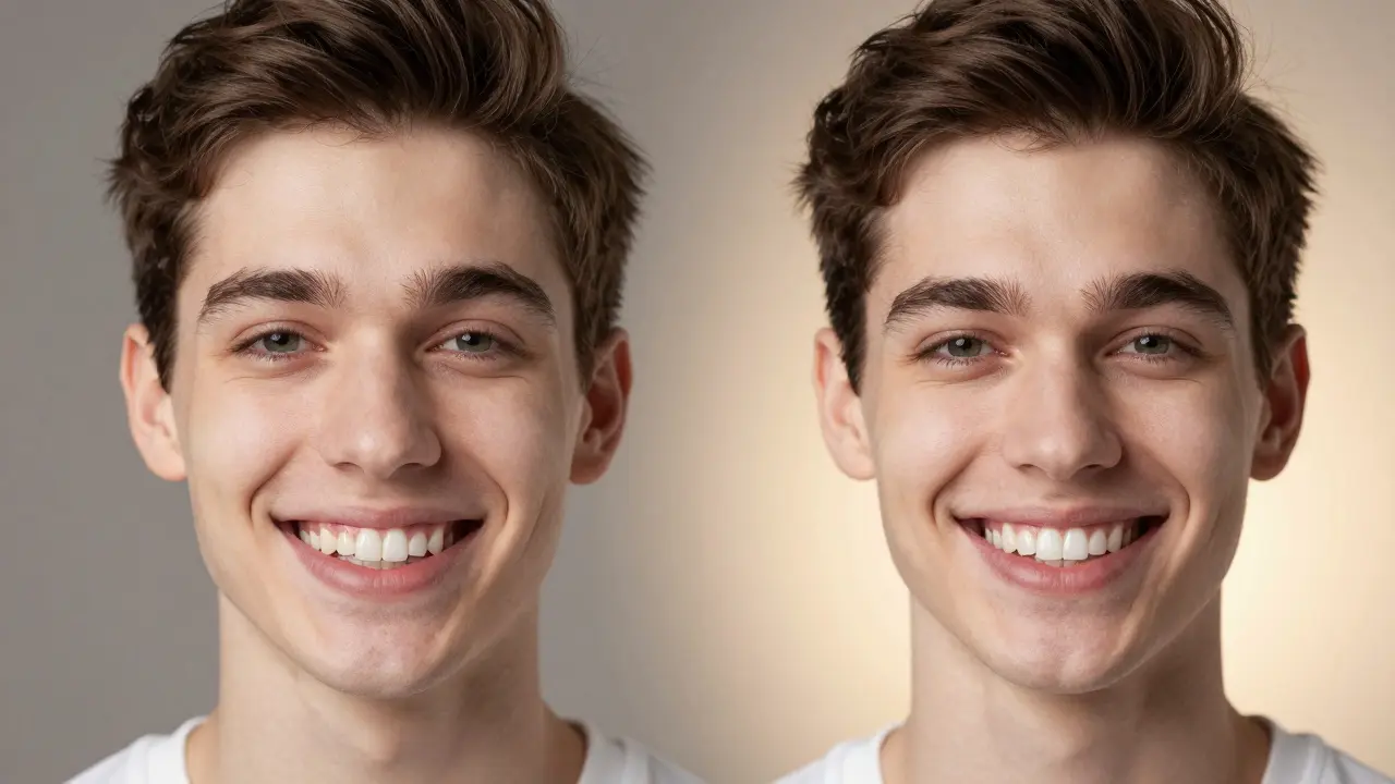 Porovnání před a po: nepravidelný úsměv vs. dokonalý úsměv s fazetami.