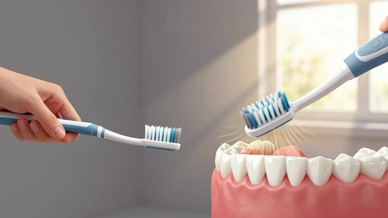 Porovnání ručního a sonického kartáčku: jeden neefektivně čistí, druhý odstraňuje plak i mezi zuby s jemnými vlnami energie.