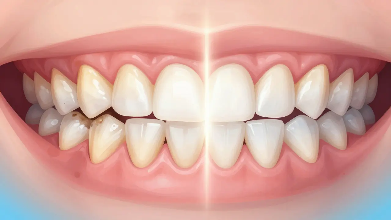 Porovnání zubů před a po pískování: znečištěné versus čisté a bílé.