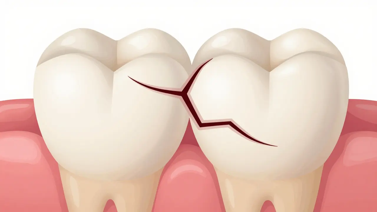 Přední zub s hlubokou prasklinou na hraně poškozenou dentinem