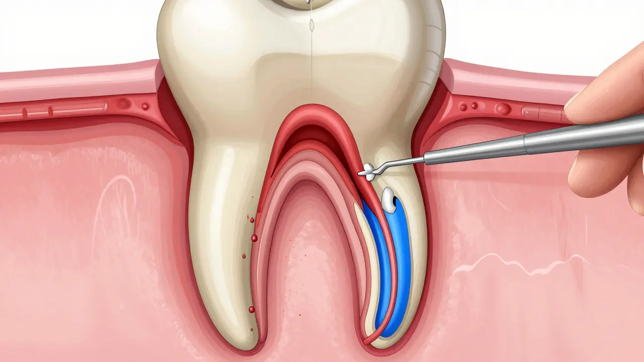 Průřez zubem s infikovaným drážkem a léčbou kořenového kanálku, znázorněná anatomicky přesně.