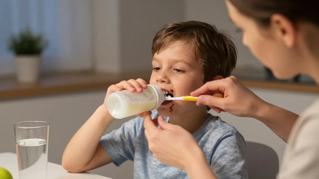 Rodič čistí zuby dítěti večer, zatímco dítě má tmavé skvrny na předních zubech.