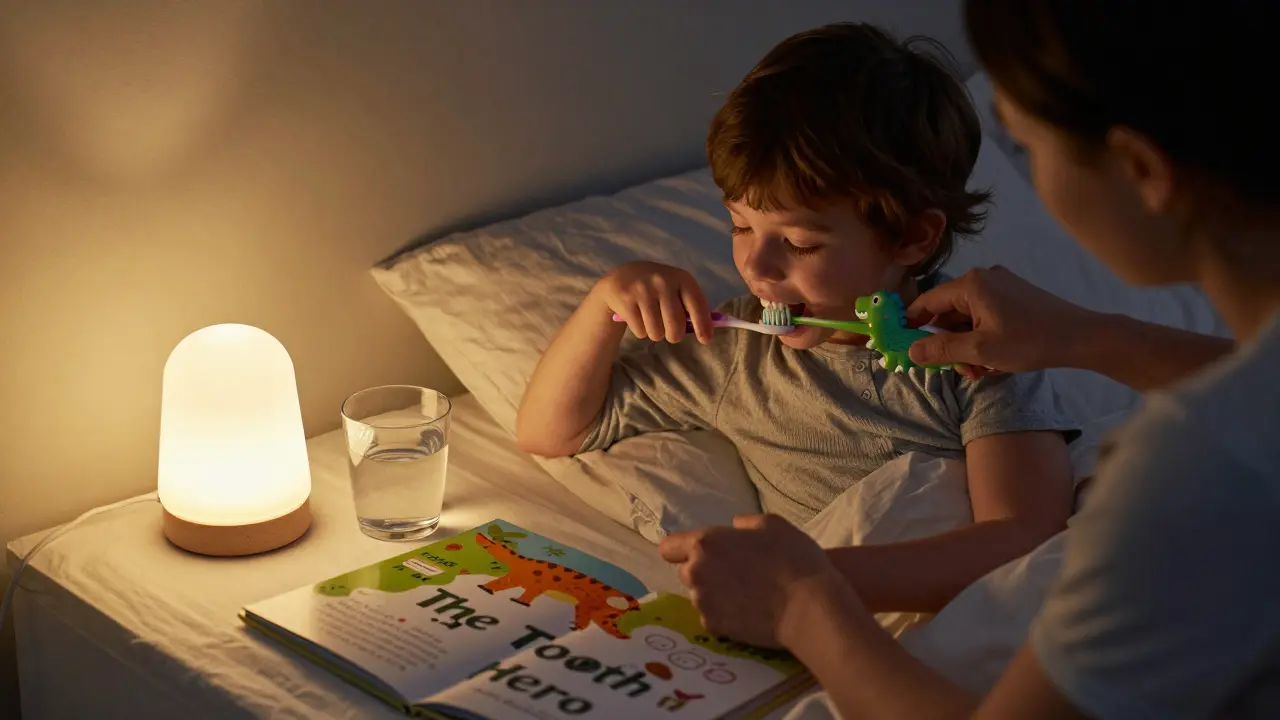 Rodič čistí zuby dítěti večer, zatímco dítě poslouchá pohádku a drží kartáček s oblíbenou postavou.