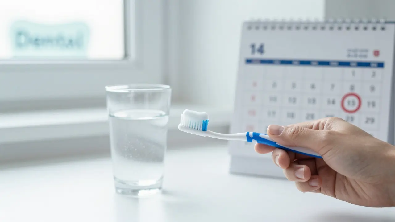 Ruka čistí zuby fluoridovou pastou, vedle ní solná voda a kalendář s označeným termínem.