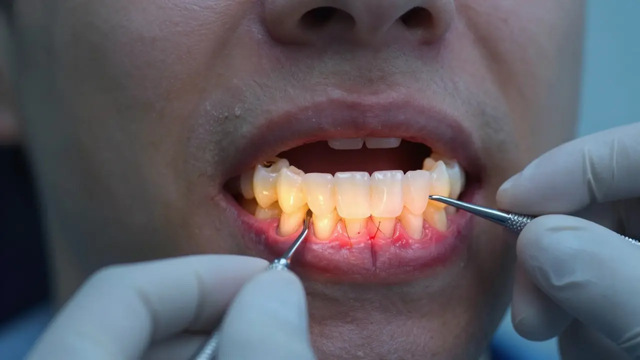 Špatně sedící zubní náhrada tlačí na zánětlivé dásně, zubní lékař ji upravuje.