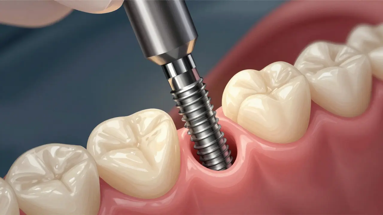 Surgeon carefully inserting a titanium dental implant into jawbone during operation.