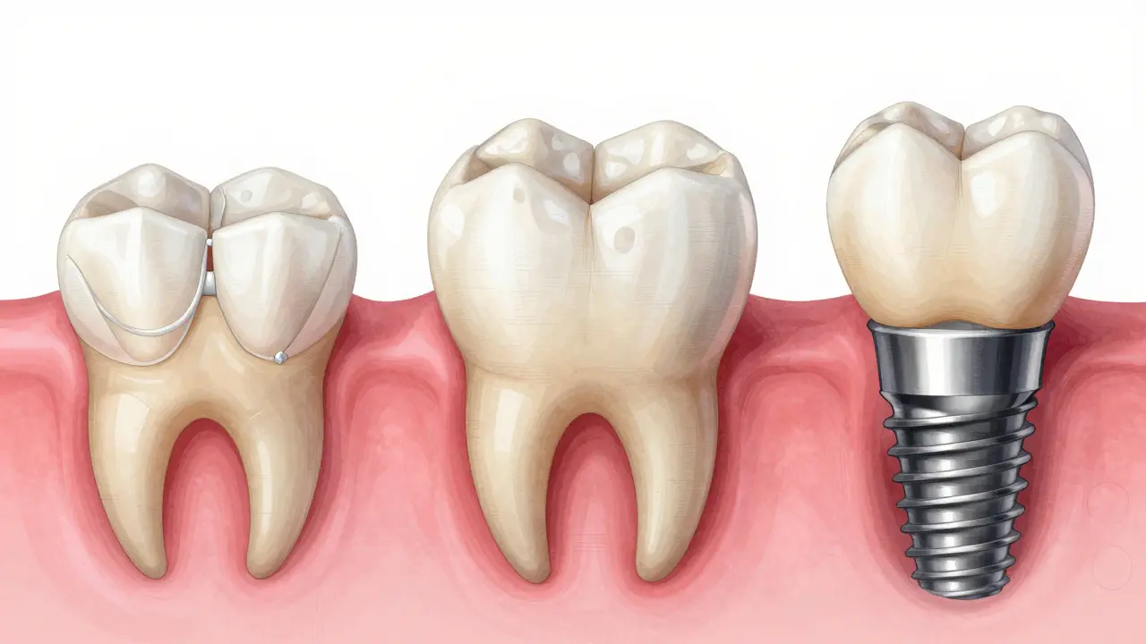 Tři metody náhrady předních zubů: fajety, korunka a implantace.