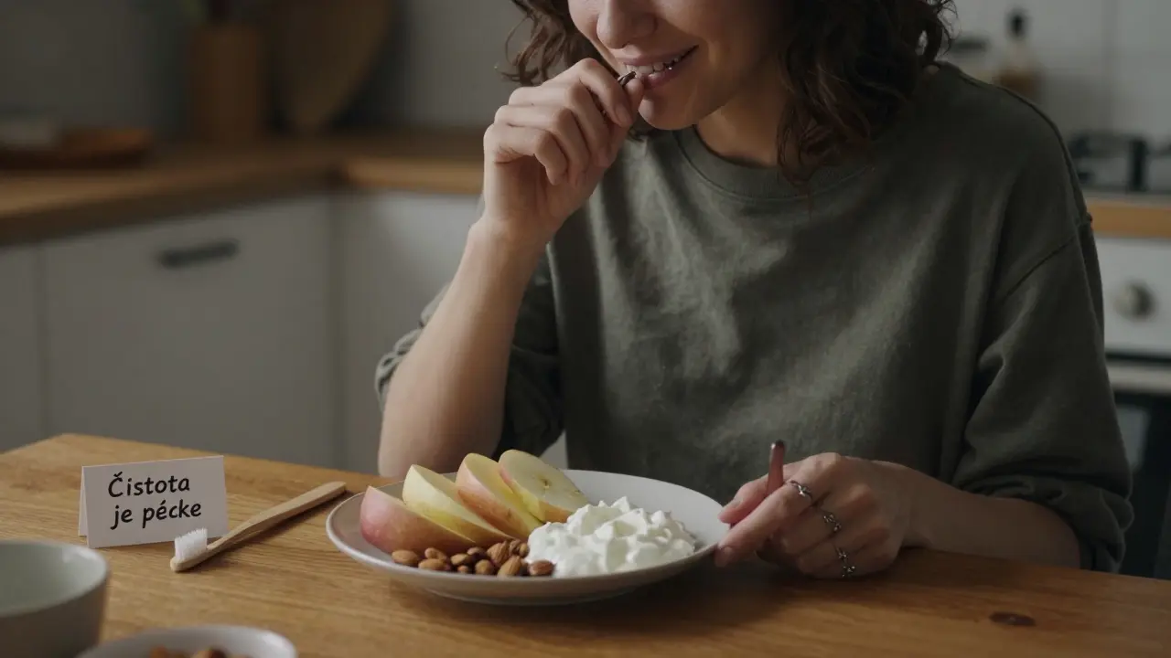 Žena jídí zdravé jídlo v kuchyni, keramická rovnátka jsou jen naznačená na zubech.