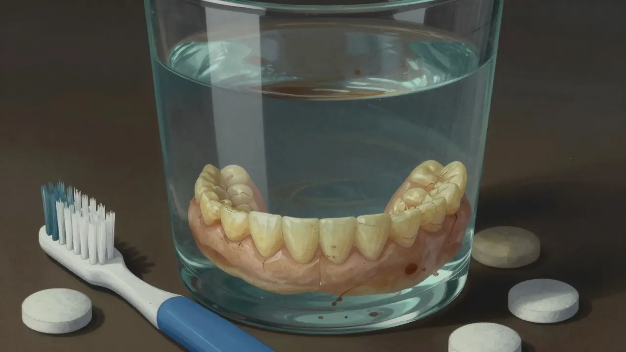 Žlutá zubní náhrada ponořená ve vodě s čisticími tabletkami vedle.