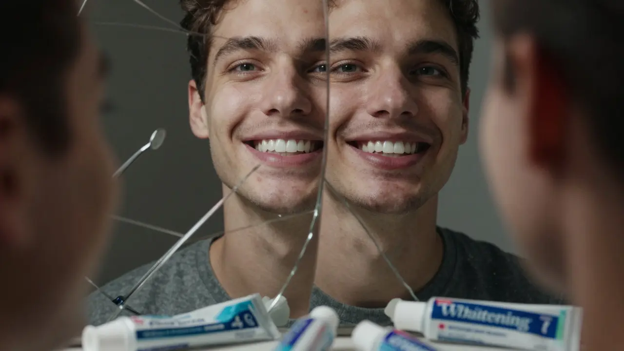 Zrcadlo odrazí dva různé úsměvy – jeden bílý a zdravý, druhý skvrnité a s poškozenou sklovinou.