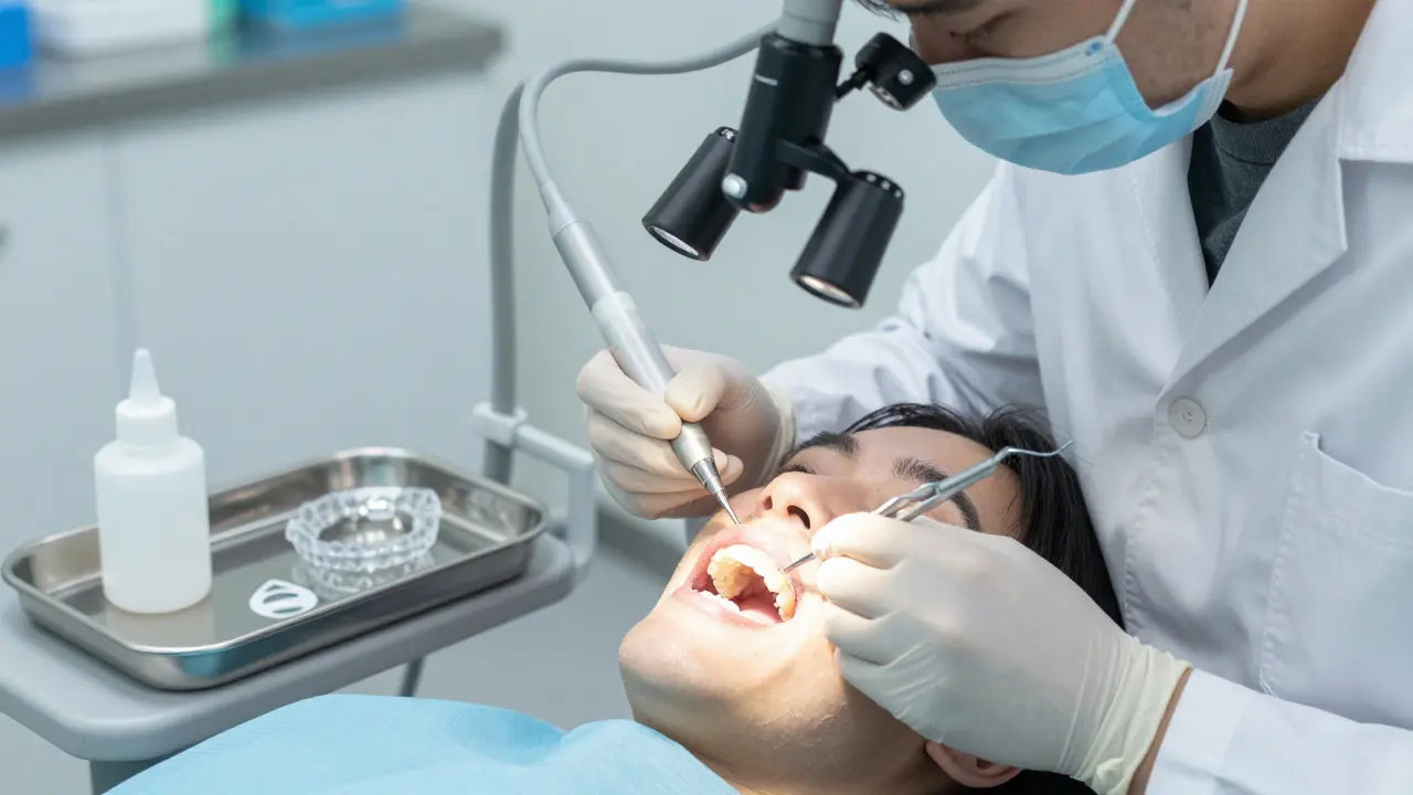 Zubař aplikuje infiltrační pryskyřici na zub s poškozenou sklovinou v klinice.