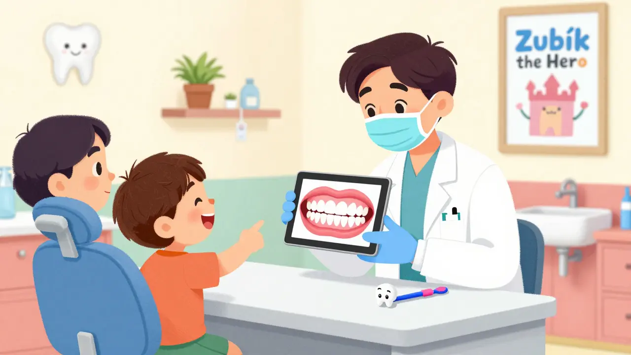 Zubař ukazuje dítěti jeho zuby na obrazovce, zatímco dítě veselo ukazuje na obraz a rodič pozoruje.