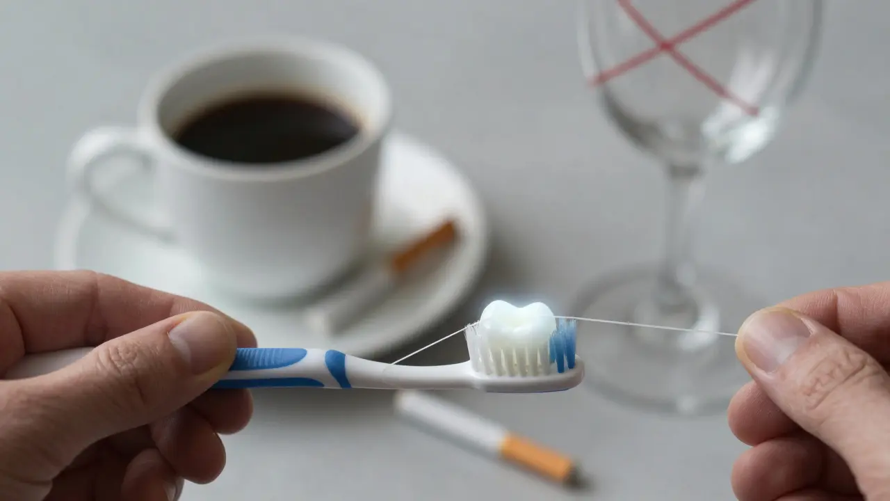 Zubní kartáček a nit s vyřazenými příčinami zubního kamene: káva, kouření, víno.