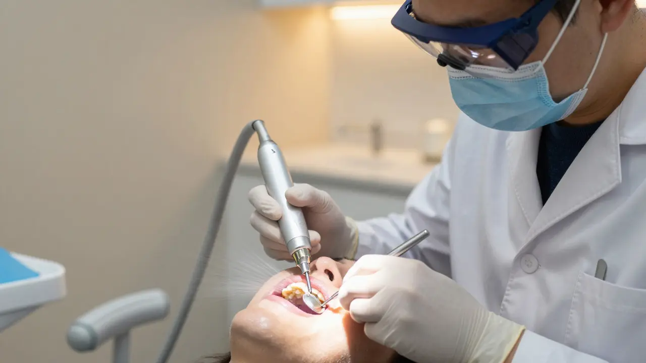 Zubní lékař odstraňuje zubní kámen ultrazvukovým skrabkem