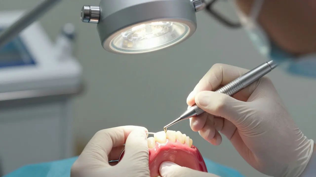 Zubní lékař připevňuje tenkou keramickou fazetu na připravený zub.