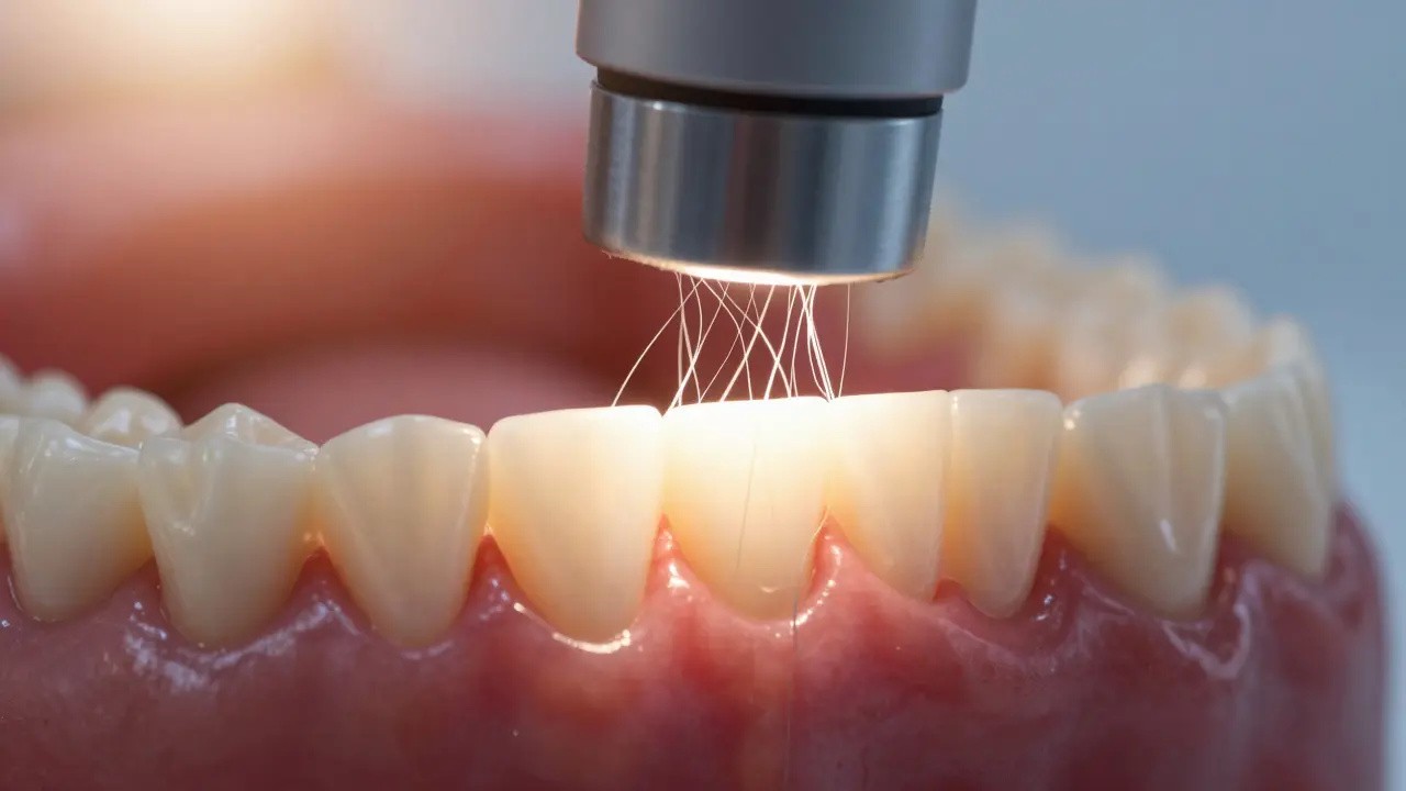 Zvětšený pohled na jemné štětce čistící dásně bez poškození.