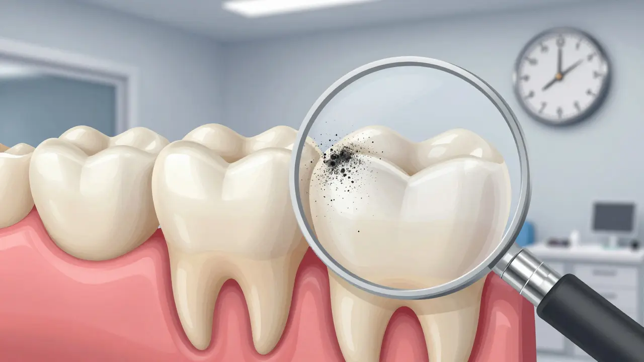 Zvětšený pohled na zubní sklovinu s porovnáním zdravé a poškozené vrstvy, viditelné abrazivní částice.