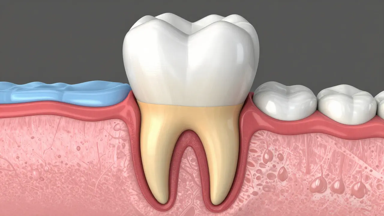 3D ilustrace struktury zubního krčku s viditelným dentinem.