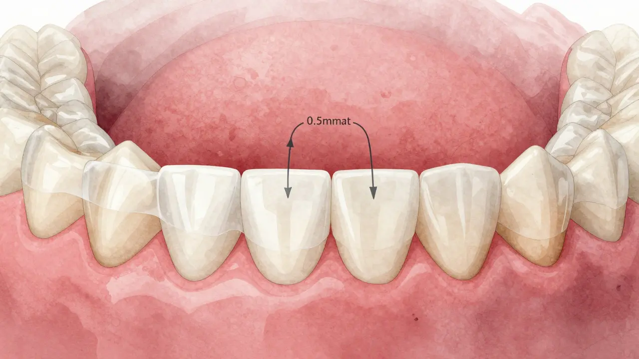 Cross-section of a tooth with a translucent veneer layer and minimal enamel removal.
