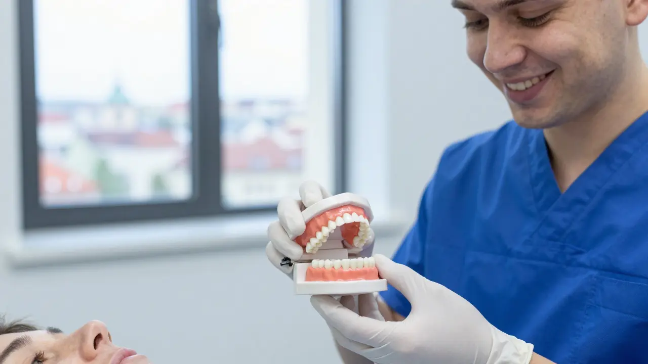 Dentista instaluje zirkonovou korunku na model zubu s přirozeným vzhledem.