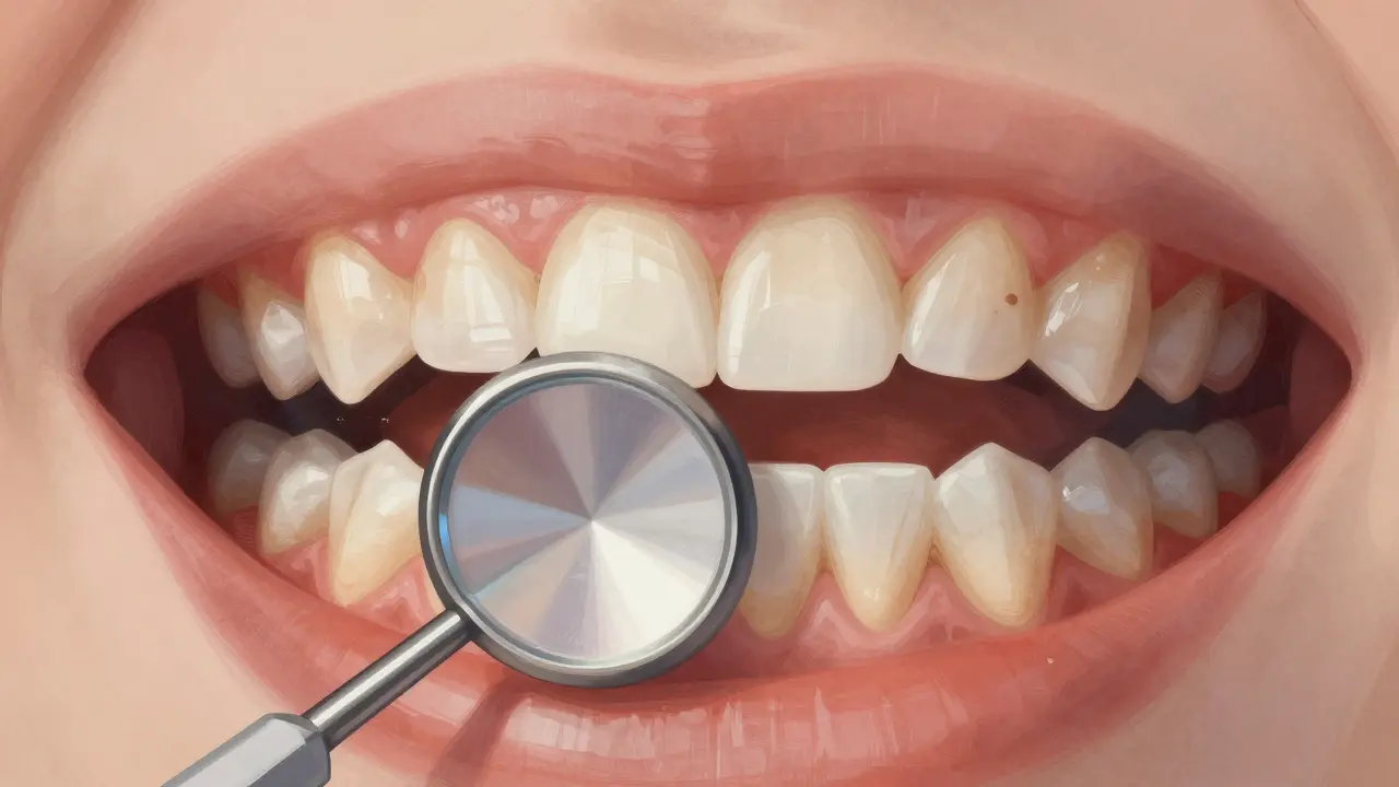 Detail zrcátka ukazující počáteční známky kazu jako bílé a hnědé skvrny na zubech.