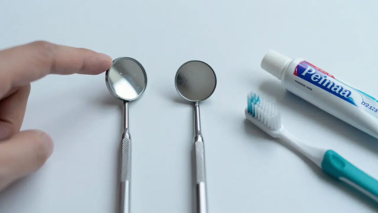 Dvě dentální zrcátka vedle sebe — jedno čisté, jedno zakalené — s toothbrushem a pastou.