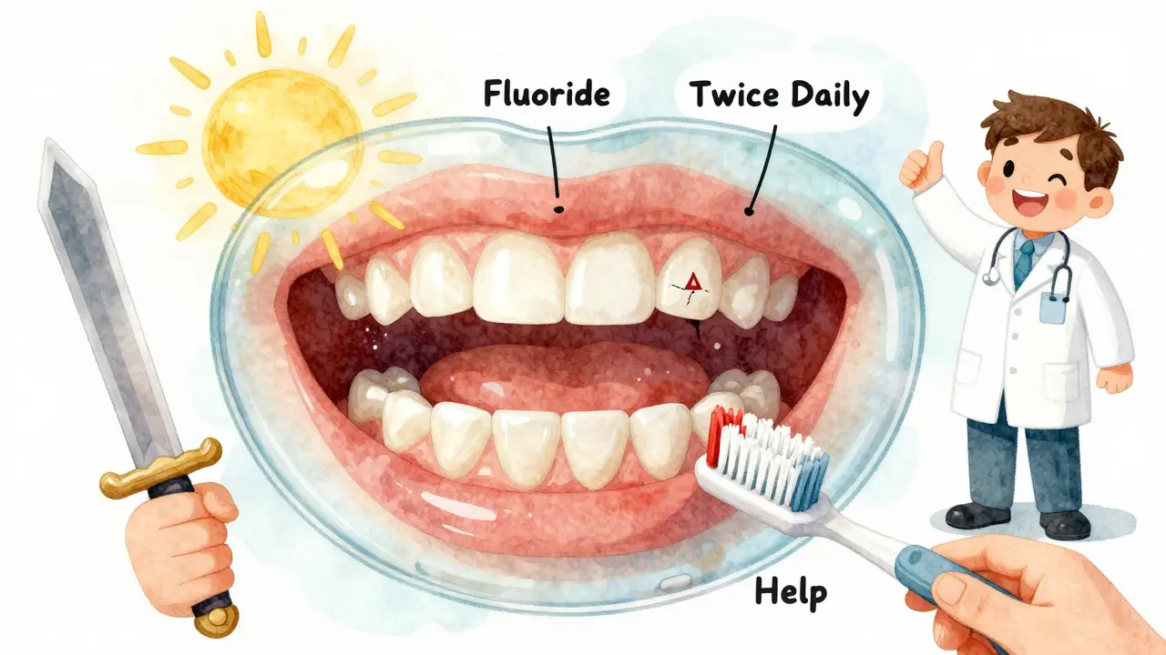 Ilustrace dětského ústního útvaru s chráněnými zuby a symbolickými ochrannými štíty proti kazu.