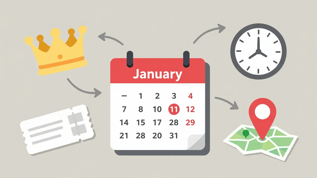 Kalendář s označeným lednem a ikonami zubní korunky a losu.