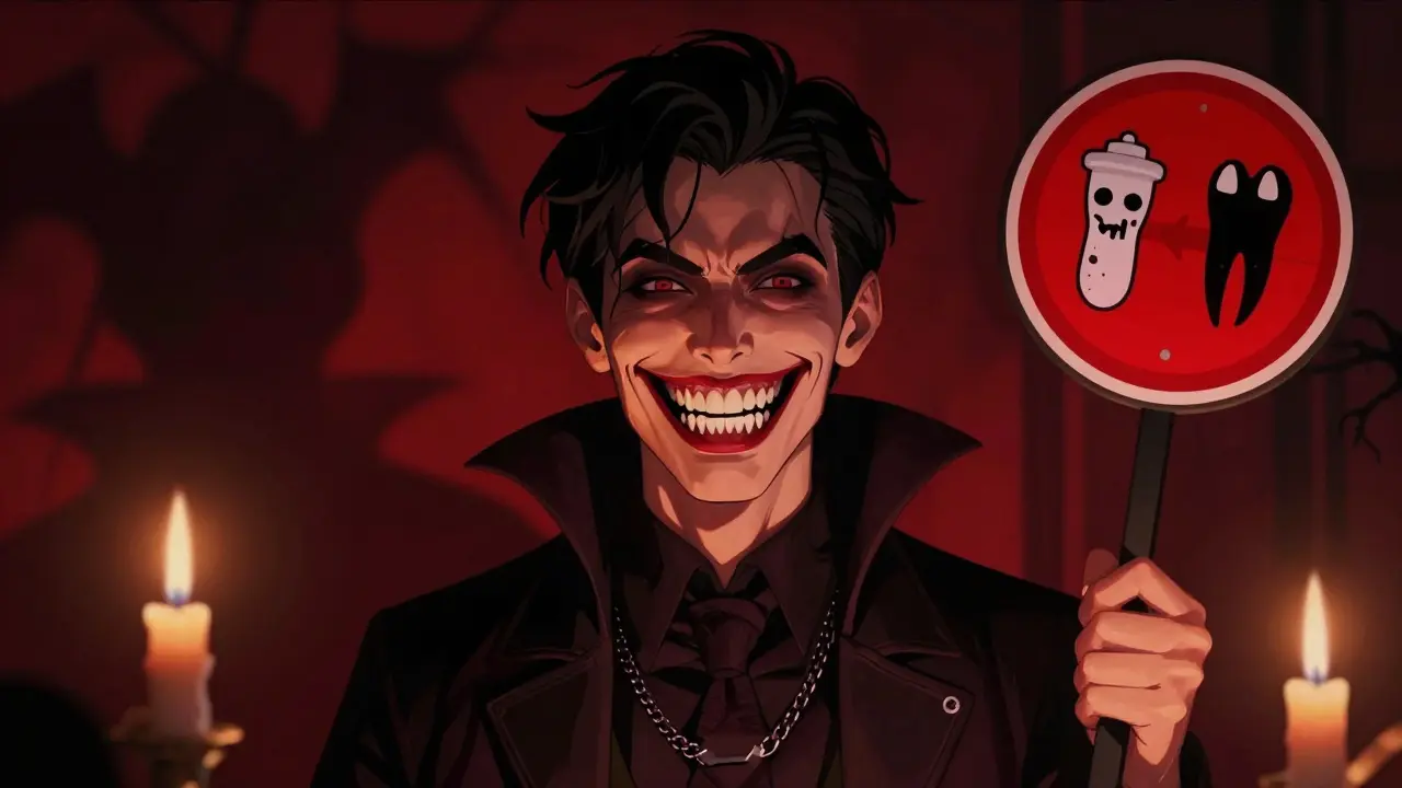 Osoba s upířími zuby na Halloween večírku, s varovným znakem.