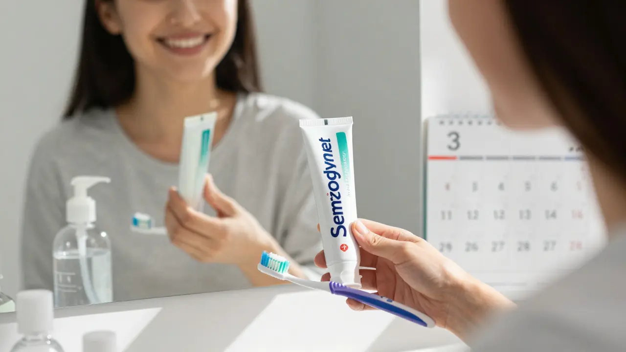 Osoba se dívá do zrcadla s toothpaste a měkkým kartáčkem.