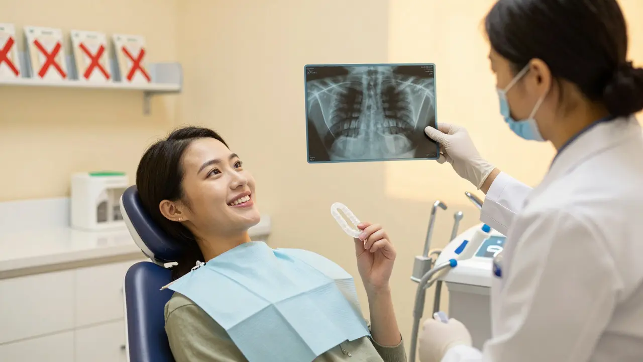 Pacient s bílým úsměvem v zubní klinice drží přizpůsobené nápravce, lékař ukazuje na rentgen.