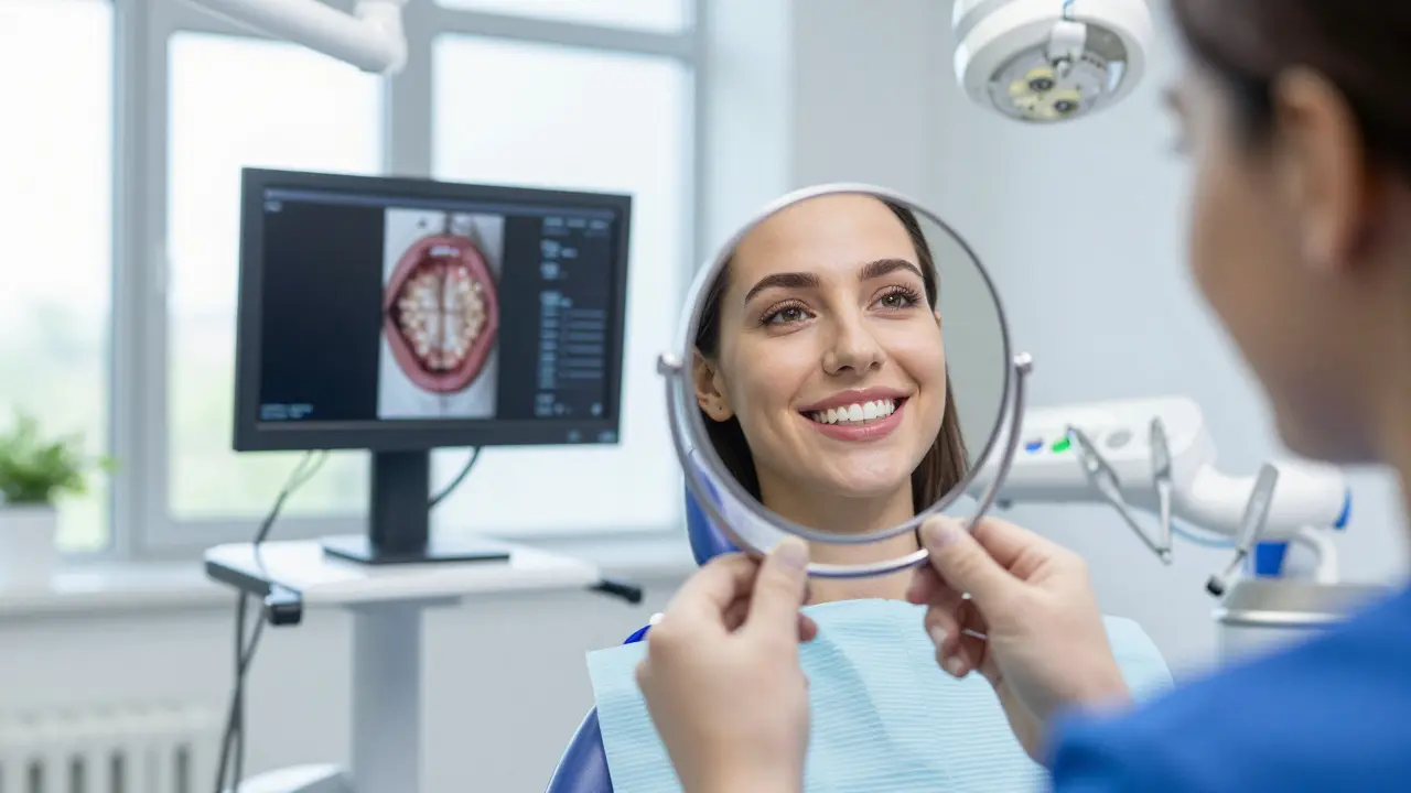 Patient admiring newly restored front teeth in a modern dental office.