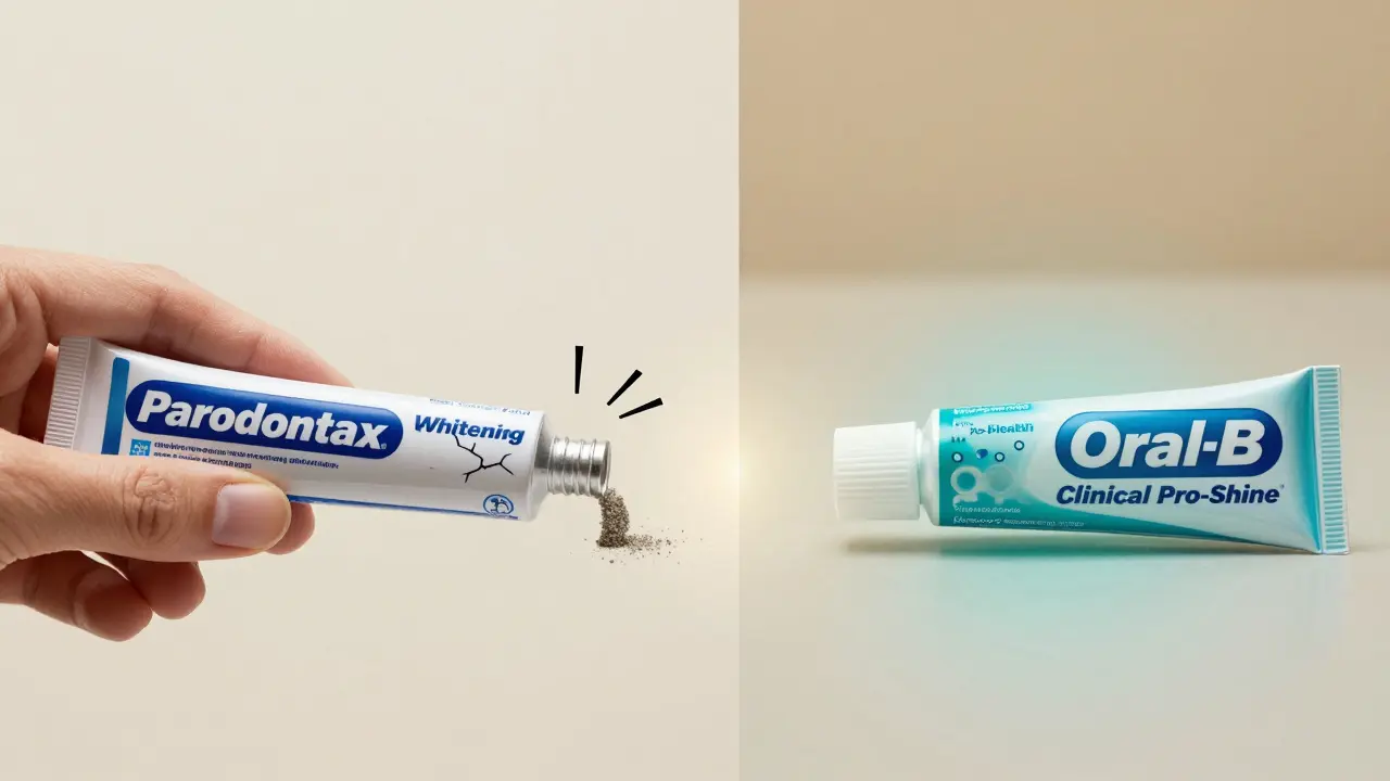 Porovnání agresivní a bezpečné bělící pasty: jedna poškozuje sklovinku, druhá ji obnovuje.