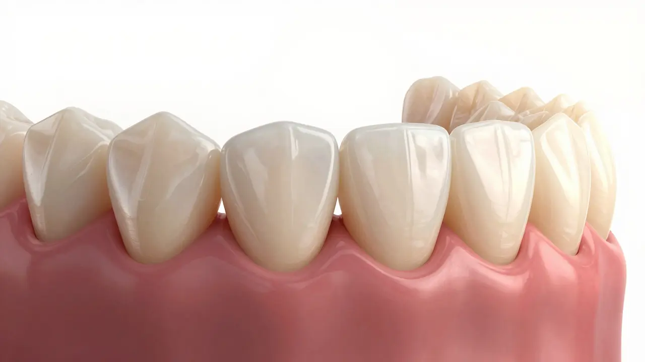 Porovnání před a po: zuby s mezerou a stejné zuby po aplikaci keramických výplní s přirozeným leskem.