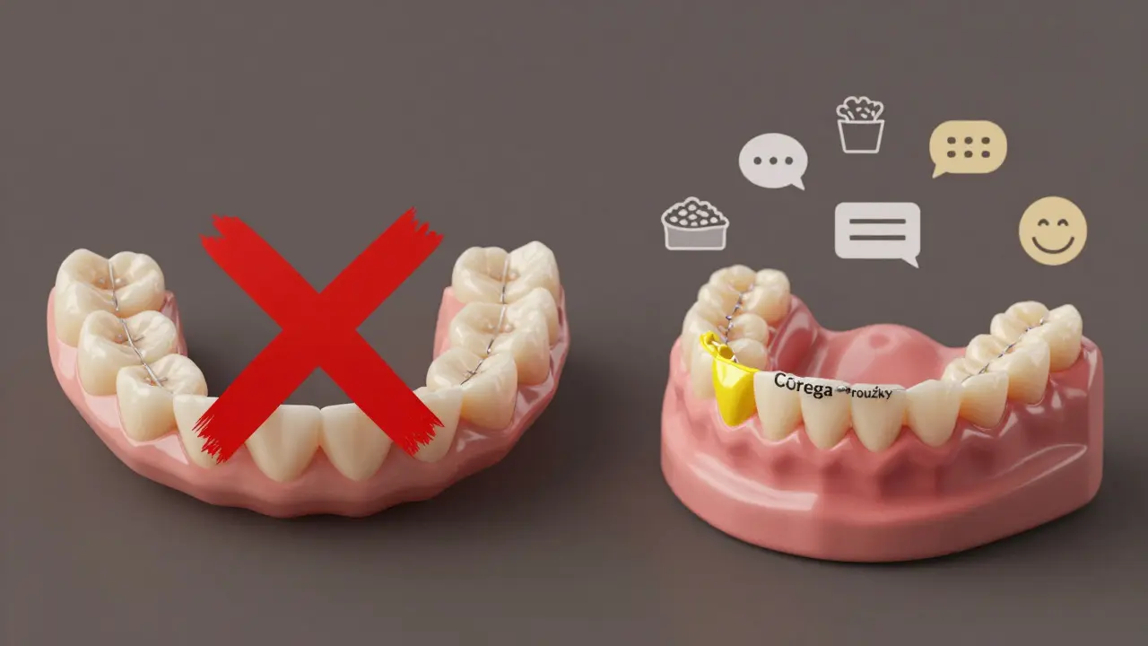 Porovnání volně sedící a pevně přilepené protézy s ikonami jídla a smíchu.